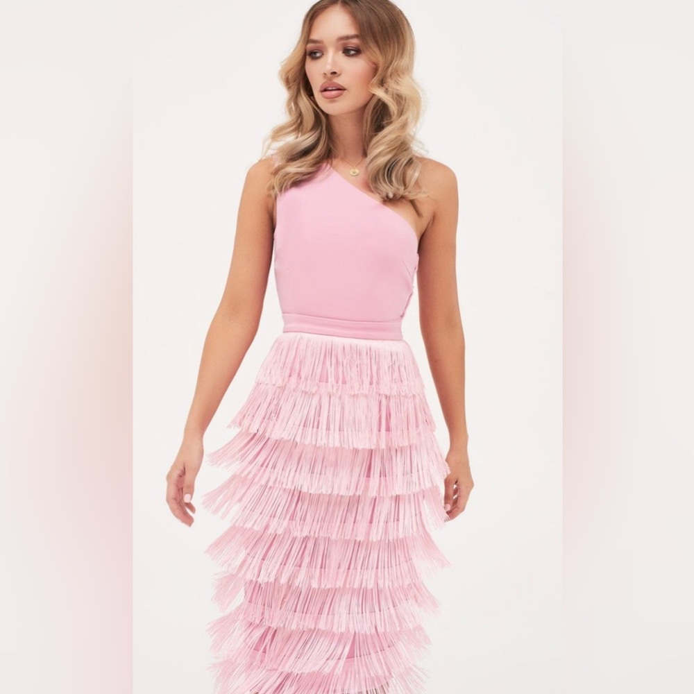 Lavish Alice Barbie Pink one shoulder fringe midi dress